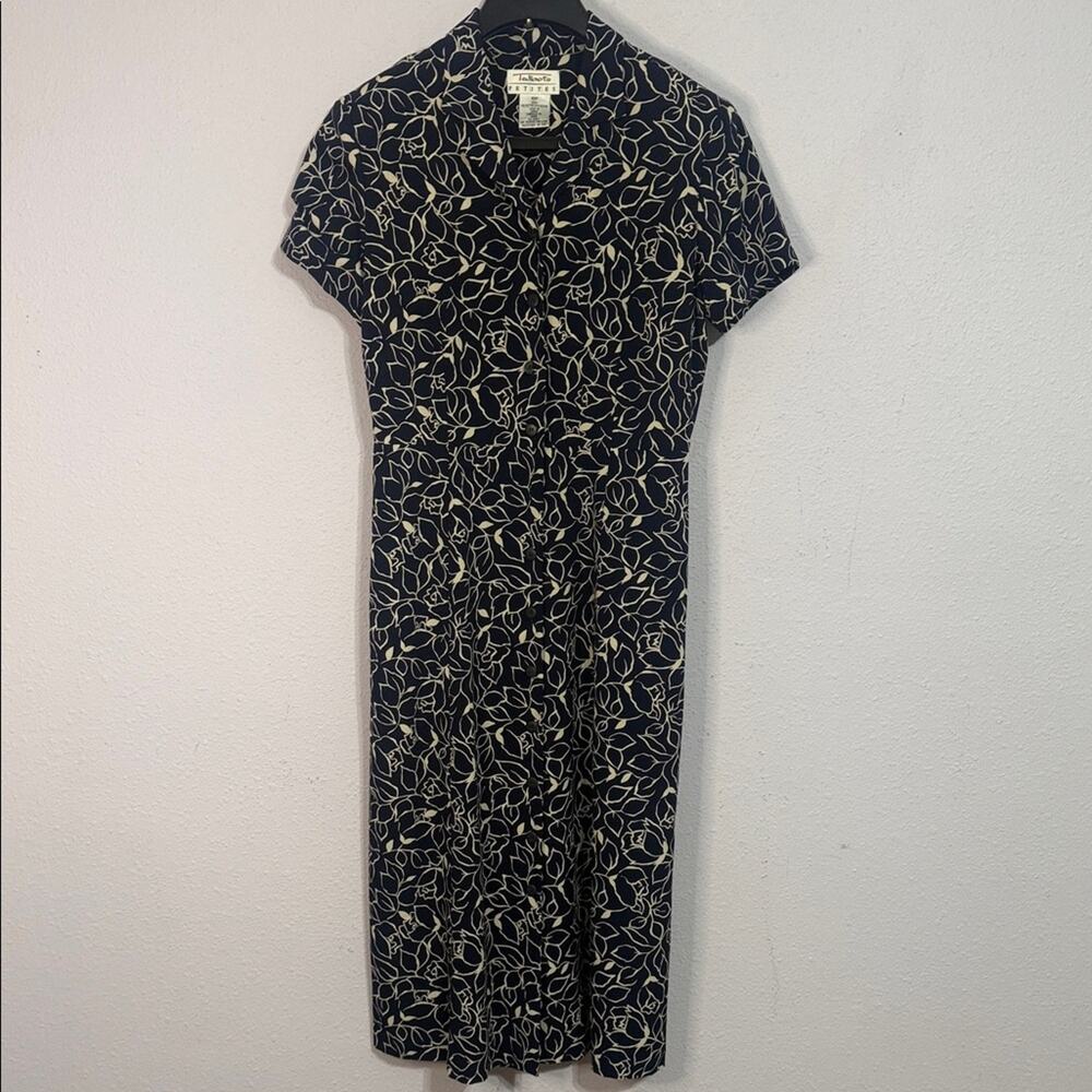 Talbots Women Navy Blue/Cream Floral/Leaf Pattern Midi Dress Size 10P
